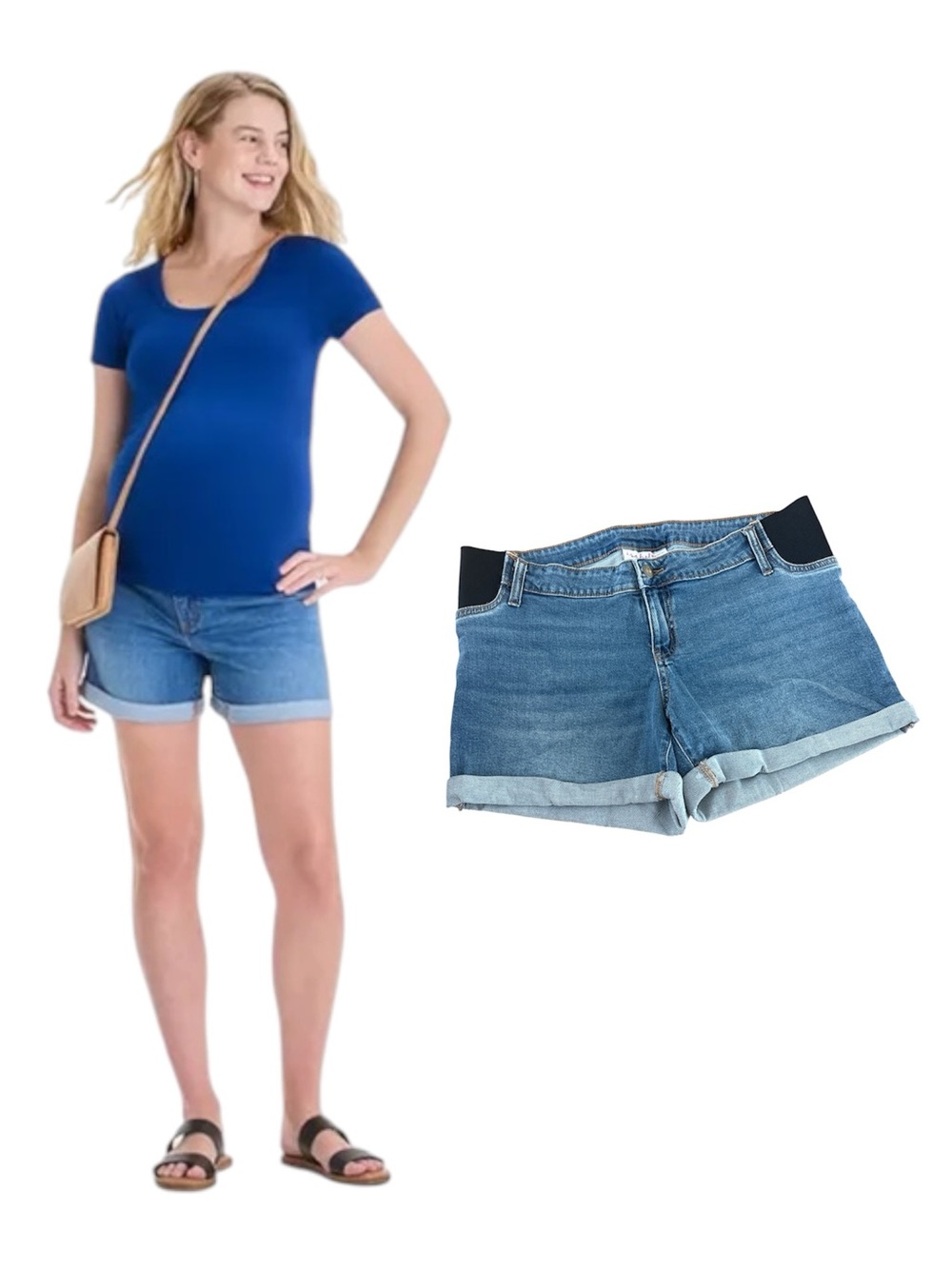 NWT Isabel Blue Denim Maternity Midi Cuff Stretch Elastic Shorts